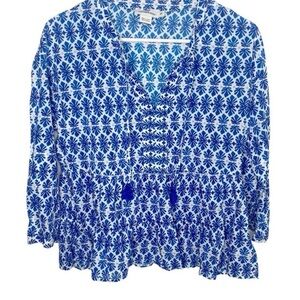 Vineyard Vines Blue & White Floral Peplum Tassel Blouse Size L